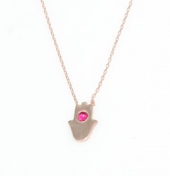 Sterling Silver Hamsa Layer Dainty Necklace with Ruby, Rose Gold Plated - 2