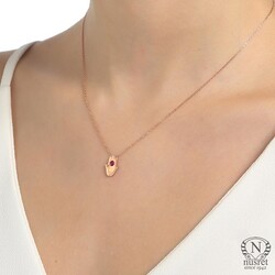 Sterling Silver Hamsa Layer Dainty Necklace with Ruby, Rose Gold Plated - Nusrettaki