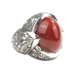 Sterling Silver Hand Carved Men's Ring with Agate - 1
