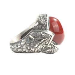 Sterling Silver Hand Carved Men's Ring with Agate - 2