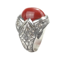 Sterling Silver Hand Carved Men's Ring with Agate - 4