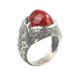 Sterling Silver Hand Carved Men's Ring with Agate - 5