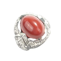 Sterling Silver Hand Carved Men's Ring with Agate - 6