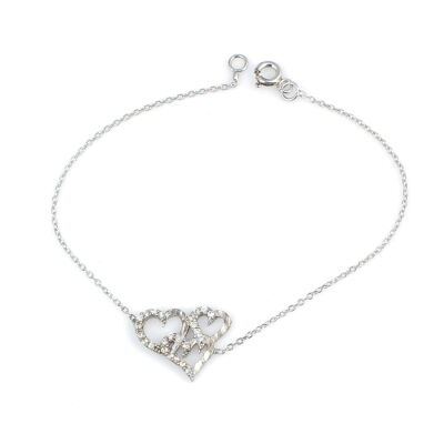 Sterling Silver Hand Carved Three Hearts Bracelet, White Gold Plated - 2