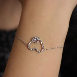 Sterling Silver Hand Carved Two Hearts Bracelet, White Gold Plated - Nusrettaki