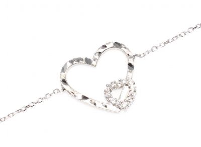 Sterling Silver Hand Carved Two Hearts Bracelet, White Gold Plated - 2