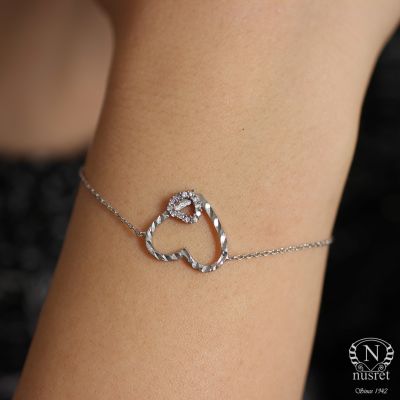 Sterling Silver Hand Carved Two Hearts Bracelet, White Gold Plated - 1