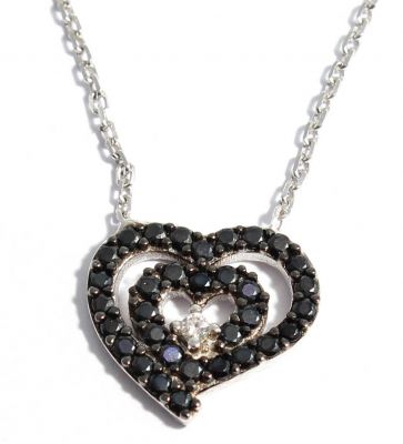 Sterling Silver Nested Heart Necklace with Black Cz - 8