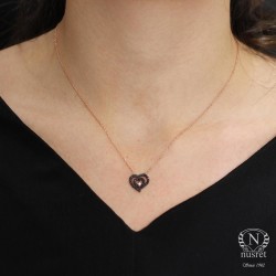 Sterling Silver Nested Heart Necklace with Black Cz - 5