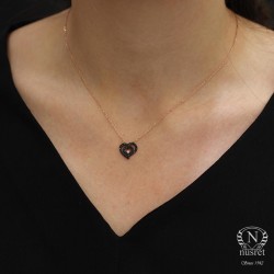 Sterling Silver Nested Heart Necklace with Black Cz - 12