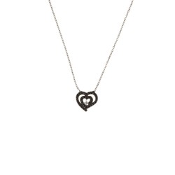 Sterling Silver Nested Heart Necklace with Black Cz - 7