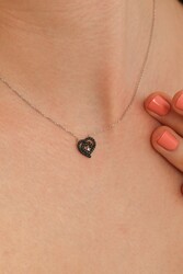 Sterling Silver Nested Heart Necklace with Black Cz - Nusrettaki