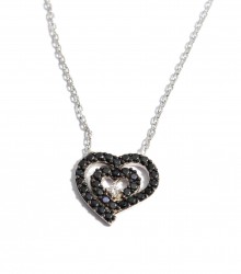 Sterling Silver Nested Heart Necklace with Black Cz - 9