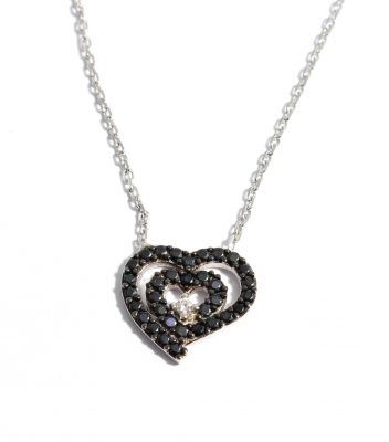 Sterling Silver Nested Heart Necklace with Black Cz - 9