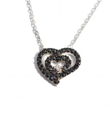 Sterling Silver Nested Heart Necklace with Black Cz - 10