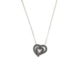 Sterling Silver Nested Heart Necklace with Black Cz - 5