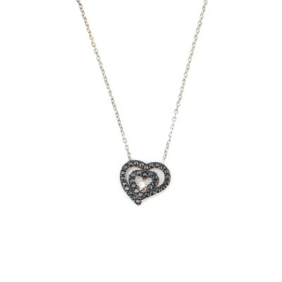 Sterling Silver Nested Heart Necklace with Black Cz - 5