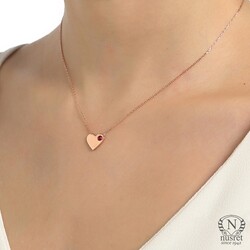 Nusrettaki - Sterling Silver Heart Layer Dainty Necklace with Ruby, Rose Gold Plated