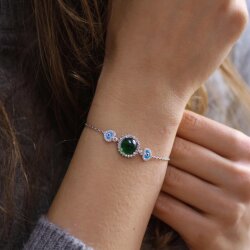 Sterling Silver Hearts Bracelet, Green GS, White Gold Vermeil - Nusrettaki
