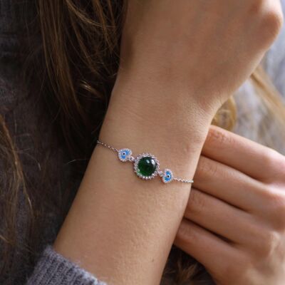 Sterling Silver Hearts Bracelet, Green GS, White Gold Vermeil - 1