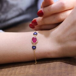 Sterling Silver Hearts Pink Bracelet, Gold Vermeil - 6