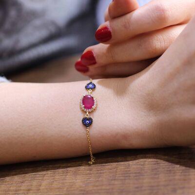 Sterling Silver Hearts Pink Bracelet, Gold Vermeil - 6