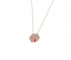 Sterling Silver Hexagon Layer Dainty Necklace with Ruby, Rose Gold Plated - Nusrettaki (1)