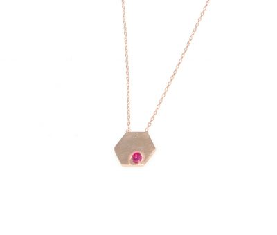 Sterling Silver Hexagon Layer Dainty Necklace with Ruby, Rose Gold Plated - 2