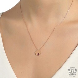 Sterling Silver Hexagon Layer Dainty Necklace with Ruby, Rose Gold Plated - Nusrettaki