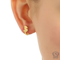 925 Sterling Silver Seahorse Studs, Gold Plated - Nusrettaki