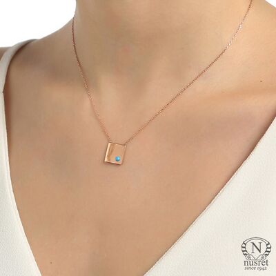Sterling Silver Square Layer Dainty Necklace with Turquoise, Rose Gold Plated - 1