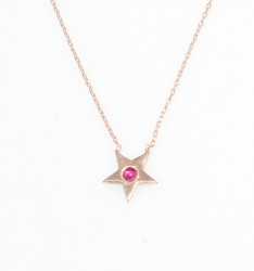 Sterling Silver Star Dainty Necklace with Ruby, Rose Gold Plated - Nusrettaki