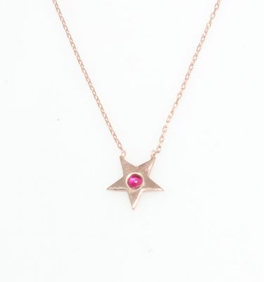 Sterling Silver Star Dainty Necklace with Ruby, Rose Gold Plated - 1