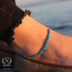 Sterling Silver Stylish Anklet with Turquoise - Nusrettaki