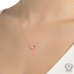 Sterling Silver Tiny Heart Dainty Necklace, Rose Gold Plated with Silver Chain - Nusrettaki