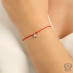 Sterling Silver Tiny Star Cord Bracelet, White Gold Plated - Nusrettaki