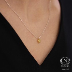 Sterling Silver Tiny Star Dainty Necklace, Gold Plated with Silver Chain - Nusrettaki (1)