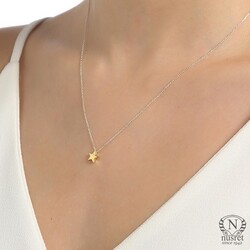 Sterling Silver Tiny Star Dainty Necklace, Gold Plated with Silver Chain - Nusrettaki