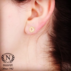 Sterling Silver Tiny Sun Design Stud Earrings - Gold - Nusrettaki (1)