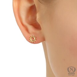 Sterling Silver Tiny Sun Design Stud Earrings - Gold - Nusrettaki