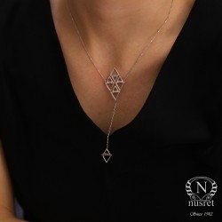 Sterling Silver Triangles Design Y-Necklace, White Gold Plated - Nusrettaki (1)
