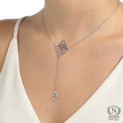 Sterling Silver Triangles Design Y-Necklace, White Gold Plated - Nusrettaki