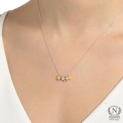 Sterling Silver Triple Stars Dainty Necklace, White - Gold - Gold Plated - Nusrettaki