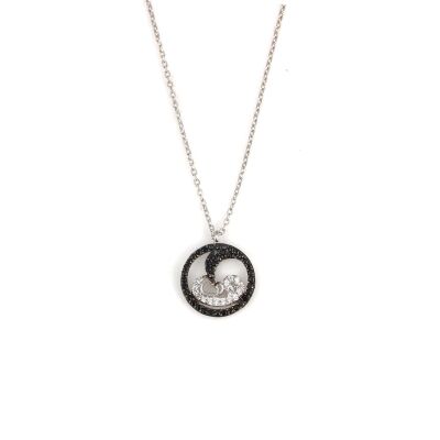Sterling Silver Vav & Moon Necklace with Black and White Zircon Stones - 2