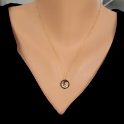 Sterling Silver Vav & Moon Necklace with Black and White Zircon Stones - Nusrettaki