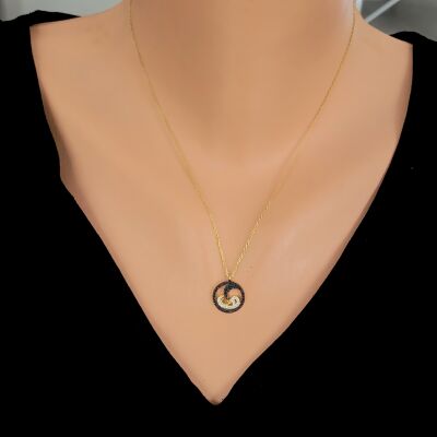 Sterling Silver Vav & Moon Necklace with Black and White Zircon Stones - 1