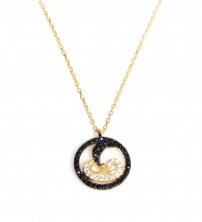 Sterling Silver Vav & Moon Necklace with Black and White Zircon Stones - 5