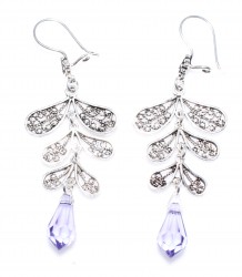 Leaf Design 925 Silver Dangle Filigree Earrings with Shiny Amethyst - Nusrettaki