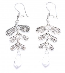 Leaf Design 925 Silver Dangle Filigree Earrings with Quartz - Nusrettaki