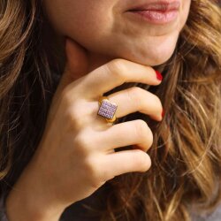 14 Ayar Altın Pembe Taşlı Yüzük, Kare - Nusrettaki